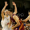 Angelo Gigli (no.6) of Lottomatica Roma (R) and Miha Zupan (no.24) of Union Olimpija (L) during match of Basketball Euroleague between Union Olimpija, Ljubljana, Slovenia and Lottomatica Roma, Italy. Match between Union Olimpija and Lottomatica Roma was played on 6th of November 2008 in Tivoli Arena in Ljubljana, Slovenia.
