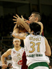 Sani Becirovic (no.7) of Lottomatica Roma (M) between Saso Ozbolt (no.31) of Union Olimpija (R) and Miha Zupan (no.24) of Union Olimpija (L) during match of Basketball Euroleague between Union Olimpija, Ljubljana, Slovenia and Lottomatica Roma, Italy. Match between Union Olimpija and Lottomatica Roma was played on 6th of November 2008 in Tivoli Arena in Ljubljana, Slovenia.
