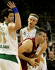 Sani Becirovic (no.7) of Lottomatica Roma (M) between Saso Ozbolt (no.31) of Union Olimpija (L) and Miha Zupan (no.24) of Union Olimpija (R) during match of Basketball Euroleague between Union Olimpija, Ljubljana, Slovenia and Lottomatica Roma, Italy. Match between Union Olimpija and Lottomatica Roma was played on 6th of November 2008 in Tivoli Arena in Ljubljana, Slovenia.
