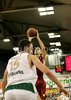 Sani Becirovic (no.7) of Lottomatica Roma (R) shooting over Mirza Begic (no.15) of Union Olimpija (L) during match of Basketball Euroleague between Union Olimpija, Ljubljana, Slovenia and Lottomatica Roma, Italy. Match between Union Olimpija and Lottomatica Roma was played on 6th of November 2008 in Tivoli Arena in Ljubljana, Slovenia.
