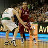 Ibrahim Jaaber (no.21) of Lottomatica Roma (R) and Vlado Ilievski (no.6) of Union Olimpija (L) during match of Basketball Euroleague between Union Olimpija, Ljubljana, Slovenia and Lottomatica Roma, Italy. Match between Union Olimpija and Lottomatica Roma was played on 6th of November 2008 in Tivoli Arena in Ljubljana, Slovenia.
