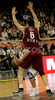 Marko Milic (no.12) of Union Olimpija (L) trying to score next to Angelo Gigli (no.6) of Lottomatica Roma (R) during match of Basketball Euroleague between Union Olimpija, Ljubljana, Slovenia and Lottomatica Roma, Italy. Match between Union Olimpija and Lottomatica Roma was played on 6th of November 2008 in Tivoli Arena in Ljubljana, Slovenia.
