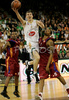 Vlado Ilievski (no.6) of Union Olimpija (M) attacking between Brandon Jennings (no.11) of Lottomatica Roma (L) and Allan Ray (no.15) of Lottomatica Roma (R) during match of Basketball Euroleague between Union Olimpija, Ljubljana, Slovenia and Lottomatica Roma, Italy. Match between Union Olimpija and Lottomatica Roma was played on 6th of November 2008 in Tivoli Arena in Ljubljana, Slovenia.
