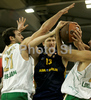 Patrick Femerling (no.13) of Alba Berlin (M) between Vladimir Golubovic (no.21) of Union Olimpija (L) and Ivica Jurkovic (no.11) of Union Olimpija (R) during match of Basketball Euroleague between Union Olimpija, Ljubljana, Slovenia and Alba Berlin, Germany. Match between Union Olimpija and Alba Berlin was played on 27th of November 2008 in Tivoli Arena in Ljubljana, Slovenia.
