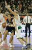 Aleksandar Nadjfeji (no.32) of Alba Berlin (L) and Miha Zupan (no.24) of Union Olimpija (R) during match of Basketball Euroleague between Union Olimpija, Ljubljana, Slovenia and Alba Berlin, Germany. Match between Union Olimpija and Alba Berlin was played on 27th of November 2008 in Tivoli Arena in Ljubljana, Slovenia.

