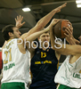 Patrick Femerling (no.13) of Alba Berlin (M) between Vladimir Golubovic (no.21) of Union Olimpija (L) and Ivica Jurkovic (no.11) of Union Olimpija (R) during match of Basketball Euroleague between Union Olimpija, Ljubljana, Slovenia and Alba Berlin, Germany. Match between Union Olimpija and Alba Berlin was played on 27th of November 2008 in Tivoli Arena in Ljubljana, Slovenia.
