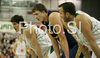 Patrick Femerling (no.13) of Alba Berlin (M) between Ivica Jurkovic (no.11) of Union Olimpija (R) and Damjan Rudez (no.9) of Union Olimpija (L) during match of Basketball Euroleague between Union Olimpija, Ljubljana, Slovenia and Alba Berlin, Germany. Match between Union Olimpija and Alba Berlin was played on 27th of November 2008 in Tivoli Arena in Ljubljana, Slovenia.
