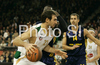 Vladimir Golubovic (no.21) of Union Olimpija (L) and Ansu Sesay (no.9) of Alba Berlin (R) during match of Basketball Euroleague between Union Olimpija, Ljubljana, Slovenia and Alba Berlin, Germany. Match between Union Olimpija and Alba Berlin was played on 27th of November 2008 in Tivoli Arena in Ljubljana, Slovenia.
