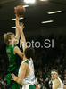 Henk Norel (no.17) of DKV Joventut (L) shooting over Mirza Begic (no.15) of Union Olimpija (R) during match of Basketball Euroleague between Union Olimpija, Ljubljana, Slovenia and DKV Joventut, Badalona, Spain. Match between Union Olimpija and DKV Joventut was played on 4th of December 2008 in Tivoli Arena in Ljubljana, Slovenia.
