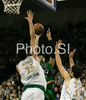 Edu Hernandez-Sonseca (no.16) of DKV Joventut (M) between Mirza Begic (no.15) of Union Olimpija (L) nd Saso Ozbolt (no.31) of Union Olimpija (R) during match of Basketball Euroleague between Union Olimpija, Ljubljana, Slovenia and DKV Joventut, Badalona, Spain. Match between Union Olimpija and DKV Joventut was played on 4th of December 2008 in Tivoli Arena in Ljubljana, Slovenia.
