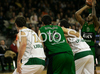 Edu Hernandez-Sonseca (no.16) of DKV Joventut (M) between Vladimir Golubovic (no.21) of Union Olimpija (L) and Mirza Begic (no.15) of Union Olimpija (R) during match of Basketball Euroleague between Union Olimpija, Ljubljana, Slovenia and DKV Joventut, Badalona, Spain. Match between Union Olimpija and DKV Joventut was played on 4th of December 2008 in Tivoli Arena in Ljubljana, Slovenia.
