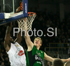 Franklin Robinson (no.14) of Union Olimpija (L) and Jan-Hendrick Jagla (no.14) of DKV Joventut (R) during match of Basketball Euroleague between Union Olimpija, Ljubljana, Slovenia and DKV Joventut, Badalona, Spain. Match between Union Olimpija and DKV Joventut was played on 4th of December 2008 in Tivoli Arena in Ljubljana, Slovenia.

