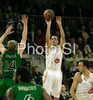 Jasmin Hukic (no.13) of Union Olimpija shooting during match of Basketball Euroleague between Union Olimpija, Ljubljana, Slovenia and DKV Joventut, Badalona, Spain. Match between Union Olimpija and DKV Joventut was played on 4th of December 2008 in Tivoli Arena in Ljubljana, Slovenia.
