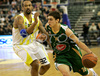 Mirza Sarajlija (no.16) of Union Olimpija (R) and Devin Smith (no.32) of Fenerbahce Ulker (L) during match of Basketball Euroleague between Union Olimpija, Ljubljana, Slovenia and Fenerbahce Ulker, Turkey. Match between Union Olimpija and Fenerbahce Ulker was played on 8th of January 2009 in Tivoli Arena in Ljubljana, Slovenia.
