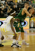 Mirza Sarajlija (no.16) of Union Olimpija (R) and Marques Green (no.4) of Fenerbahce Ulker (L) during match of Basketball Euroleague between Union Olimpija, Ljubljana, Slovenia and Fenerbahce Ulker, Turkey. Match between Union Olimpija and Fenerbahce Ulker was played on 8th of January 2009 in Tivoli Arena in Ljubljana, Slovenia.
