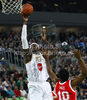Kevinn Pinkney (no.21) of Union Olimpija (L) and Morris Finley (no.10) of Armani Jeans Milano (R) during Euroleague basketball match of 7th round between Union Olimpija and Armani jeans Milano. Match between Union Olimpija, Ljubljana, Slovenia, and Armani jeans Milano, Italy, was played in Stozice arena in Ljubljana, Slovenia, on Thursday, 2nd of December 2010.
