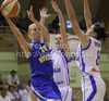 Elisabeth Egnell (no.10) of Sweden (L), Tina Trebec (no.11) of Slovenia (M) and Martina Dover (no.8) of Slovenia (R) during Women FIBA Basketball Division B group A match between Slovenia and Sweden. Match of 4th round of Women FIBA Basketball Division B group A competition was played in Vitranc Arena in Kranjska Gora, Slovenia, on 5th od June 2011.
