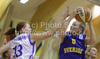Frida Eldebrink (no.6) of Sweden (R) and Martina Osterman (no.13) of Slovenia (L) during Women FIBA Basketball Division B group A match between Slovenia and Sweden. Match of 4th round of Women FIBA Basketball Division B group A competition was played in Vitranc Arena in Kranjska Gora, Slovenia, on 5th od June 2011.

