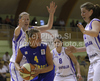 Josefin Olheim (no.4) of Sweden (M) between players of Slovenia team during Women FIBA Basketball Division B group A match between Slovenia and Sweden. Match of 4th round of Women FIBA Basketball Division B group A competition was played in Vitranc Arena in Kranjska Gora, Slovenia, on 5th od June 2011.
