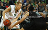 Sasu Salin (no.13) of Union Olimpija (L) and Nikolaos Zizis (no.6) of Montepaschi Siena (R) during match of 7th round of Turkish Airlines Basketball Euroleague between Union Olimpija, Ljubljana, Slovenia and Montepaschi Siena, Italy. Match of Turkish Airlines Basketball Euroleague between Union Olimpija and Montepaschi Siena was played in Stozice Arena, Ljubljana, Slovenia, on Thursday, 1st of December 2011.
