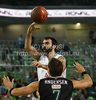 Ratko Varda (no.21) of Union Olimpija (back) shooting over David Andersen (no.7) of Montepaschi Siena (front) during match of 7th round of Turkish Airlines Basketball Euroleague between Union Olimpija, Ljubljana, Slovenia and Montepaschi Siena, Italy. Match of Turkish Airlines Basketball Euroleague between Union Olimpija and Montepaschi Siena was played in Stozice Arena, Ljubljana, Slovenia, on Thursday, 1st of December 2011.
