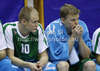 Teemu Rannikko (no.9) of Union Olimpija (R) and Sasu Salin (no.10) of Union Olimpija (L) observing the play during Slovenia Super cup basketball match between last years Slovenia Cup champions team, KK Union Olimpija and Slovenia national championships winning team KK Krka-Telekom. Match between Union Olimpija, Ljubljana, and KK Krka-Telekom, Novo Mesto, was played in in Grosuplje, Slovenia, on Tuesday, 25th of September 2012.
