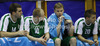 Teemu Rannikko (no.9) of Union Olimpija (R) and Sasu Salin (no.10) of Union Olimpija (L) discussing the play during Slovenia Super cup basketball match between last years Slovenia Cup champions team, KK Union Olimpija and Slovenia national championships winning team KK Krka-Telekom. Match between Union Olimpija, Ljubljana, and KK Krka-Telekom, Novo Mesto, was played in in Grosuplje, Slovenia, on Tuesday, 25th of September 2012.
