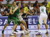 Teemu Rannikko (no.9) of Union Olimpija (M) and Sasu Salin (no.10) of Union Olimpija (L) in defense covering Domen Lorbek (no.4) of KK Krka-Telekom (2nd from R) and Matej Rojc (no.6) of KK Krka-Telekom (R) during Slovenia Super cup basketball match between last years Slovenia Cup champions team, KK Union Olimpija and Slovenia national championships winning team KK Krka-Telekom. Match between Union Olimpija, Ljubljana, and KK Krka-Telekom, Novo Mesto, was played in in Grosuplje, Slovenia, on Tuesday, 25th of September 2012.
