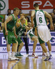 Teemu Rannikko (no.9) of Union Olimpija (M) and Sasu Salin (no.10) of Union Olimpija (L) in defense covering Domen Lorbek (no.4) of KK Krka-Telekom (2nd from R) and Matej Rojc (no.6) of KK Krka-Telekom (R) during Slovenia Super cup basketball match between last years Slovenia Cup champions team, KK Union Olimpija and Slovenia national championships winning team KK Krka-Telekom. Match between Union Olimpija, Ljubljana, and KK Krka-Telekom, Novo Mesto, was played in in Grosuplje, Slovenia, on Tuesday, 25th of September 2012.
