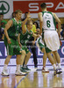 Teemu Rannikko (no.9) of Union Olimpija (M) and Sasu Salin (no.10) of Union Olimpija (L) in defense covering Domen Lorbek (no.4) of KK Krka-Telekom (2nd from R) and Matej Rojc (no.6) of KK Krka-Telekom (R) during Slovenia Super cup basketball match between last years Slovenia Cup champions team, KK Union Olimpija and Slovenia national championships winning team KK Krka-Telekom. Match between Union Olimpija, Ljubljana, and KK Krka-Telekom, Novo Mesto, was played in in Grosuplje, Slovenia, on Tuesday, 25th of September 2012.
