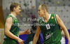 Teemu Rannikko (no.9) of Union Olimpija (L) and Sasu Salin (no.10) of Union Olimpija (R) discussing the play during Slovenia Super cup basketball match between last years Slovenia Cup champions team, KK Union Olimpija and Slovenia national championships winning team KK Krka-Telekom. Match between Union Olimpija, Ljubljana, and KK Krka-Telekom, Novo Mesto, was played in in Grosuplje, Slovenia, on Tuesday, 25th of September 2012.
