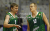 Teemu Rannikko (no.9) of Union Olimpija (L) and Sasu Salin (no.10) of Union Olimpija (R) discussing the play during Slovenia Super cup basketball match between last years Slovenia Cup champions team, KK Union Olimpija and Slovenia national championships winning team KK Krka-Telekom. Match between Union Olimpija, Ljubljana, and KK Krka-Telekom, Novo Mesto, was played in in Grosuplje, Slovenia, on Tuesday, 25th of September 2012.
