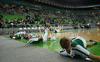 Sasu Salin of Union Olimpija (R) and his teammate Teemu Rannikko (L) during warmup before start of Turkish Airlines Euroleague basketball match of second round between Union Olimpija, Ljubljana, Slovenia and Fenerbahce Ulker, Istanbul, Turkey. Match between Union Olimpija and Fenerbahce Ulker was played in in Stozice Arena in Ljubljana, Slovenia, on Friday, 19th of October 2012.
