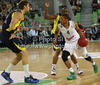 Dominic Waters (no.4) of Union Olimpija (R) and Bo McCalebb (no.4) of Fenerbahce Ulker (L) during Turkish Airlines Euroleague basketball match of second round between Union Olimpija, Ljubljana, Slovenia and Fenerbahce Ulker, Istanbul, Turkey. Match between Union Olimpija and Fenerbahce Ulker was played in in Stozice Arena in Ljubljana, Slovenia, on Friday, 19th of October 2012.
