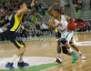 Dominic Waters (no.4) of Union Olimpija (R) and Bo McCalebb (no.4) of Fenerbahce Ulker (back)  and David Andersen (no.13) of Fenerbahce Ulker (L) during Turkish Airlines Euroleague basketball match of second round between Union Olimpija, Ljubljana, Slovenia and Fenerbahce Ulker, Istanbul, Turkey. Match between Union Olimpija and Fenerbahce Ulker was played in in Stozice Arena in Ljubljana, Slovenia, on Friday, 19th of October 2012.

