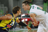 Aron Baynes (no.12) of Union Olimpija (R) and David Andersen (no.13) of Fenerbahce Ulker (L) during Turkish Airlines Euroleague basketball match of second round between Union Olimpija, Ljubljana, Slovenia and Fenerbahce Ulker, Istanbul, Turkey. Match between Union Olimpija and Fenerbahce Ulker was played in in Stozice Arena in Ljubljana, Slovenia, on Friday, 19th of October 2012.
