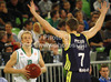 Sasu Salin (no.10) of Union Olimpija (L) and Martynas Pocius (no.7) of Real Madrid (R) during Turkish Airlines Euroleague basketball match of fifth round between Union Olimpija, Ljubljana, Slovenia and Real Madrid, Spain. Match between Union Olimpija and Real Madrid was played in in Stozice Arena in Ljubljana, Slovenia, on Friday, 9th of November 2012.
