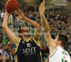 Mirza Begic (no.16) of Real Madrid (L) and Aron Baynes (no.12) of Union Olimpija (L) during Turkish Airlines Euroleague basketball match of fifth round between Union Olimpija, Ljubljana, Slovenia and Real Madrid, Spain. Match between Union Olimpija and Real Madrid was played in in Stozice Arena in Ljubljana, Slovenia, on Friday, 9th of November 2012.
