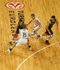 Jaycee Carroll (no.20) of Real Madrid (M) between Dylan Page (no.15) of Union Olimpija (L) and Sasu Salin (no.10) of Union Olimpija (R) during Turkish Airlines Euroleague basketball match of fifth round between Union Olimpija, Ljubljana, Slovenia and Real Madrid, Spain. Match between Union Olimpija and Real Madrid was played in in Stozice Arena in Ljubljana, Slovenia, on Friday, 9th of November 2012.
