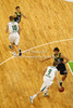 Teemu Rannikko (no.9) of Union Olimpija and Sasu Salin (no.10) of Union Olimpija during Turkish Airlines Euroleague basketball match of fifth round between Union Olimpija, Ljubljana, Slovenia and Real Madrid, Spain. Match between Union Olimpija and Real Madrid was played in in Stozice Arena in Ljubljana, Slovenia, on Friday, 9th of November 2012.
