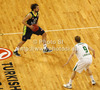 Sergio Llull (no.23) of Real Madrid (L) and Teemu Rannikko (no.9) of Union Olimpija (R) during Turkish Airlines Euroleague basketball match of fifth round between Union Olimpija, Ljubljana, Slovenia and Real Madrid, Spain. Match between Union Olimpija and Real Madrid was played in in Stozice Arena in Ljubljana, Slovenia, on Friday, 9th of November 2012.
