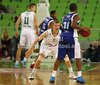 Teemu Rannikko (no.9) of Union Olimpija in defense against Jonathan Tabu (no.18) of Mapooro Cant (R) during Turkish Airlines Euroleague basketball match of sixth round between Union Olimpija, Ljubljana, Slovenia and Mapooro Cantu, Italy. Match between Union Olimpija and Mapooro Cantu was played in in Stozice Arena in Ljubljana, Slovenia, on Thursday, 15th of November 2012.
