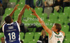 Teemu Rannikko (no.9) of Union Olimpija (R) in defense against Jonathan Tabu (no.18) of Mapooro Cant (L) during Turkish Airlines Euroleague basketball match of sixth round between Union Olimpija, Ljubljana, Slovenia and Mapooro Cantu, Italy. Match between Union Olimpija and Mapooro Cantu was played in in Stozice Arena in Ljubljana, Slovenia, on Thursday, 15th of November 2012.

