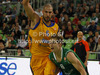 Jaka Blazic (no.8) of Union Olimpija (R) and James Augustine (no.5) of BC Khimki Moscow (L) during Turkish Airlines Euroleague basketball match of sixth round between Union Olimpija, Ljubljana, Slovenia and BC Khimki Moscow, Russia. Match between Union Olimpija and BC Khimki Moscow was played in in Stozice Arena in Ljubljana, Slovenia, on Friday, 7th of December 2012.

