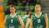 Sasu Salin (no.10) of Union Olimpija (R) and Teemu Rannikko (no.9) of Union Olimpija (L) during Turkish Airlines Euroleague basketball match of sixth round between Union Olimpija, Ljubljana, Slovenia and BC Khimki Moscow, Russia. Match between Union Olimpija and BC Khimki Moscow was played in in Stozice Arena in Ljubljana, Slovenia, on Friday, 7th of December 2012.
