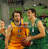 Drazen Bubnic (no.14) of Union Olimpija (R) and Matt Nielsen (no.44) of BC Khimki Moscow (L) during Turkish Airlines Euroleague basketball match of sixth round between Union Olimpija, Ljubljana, Slovenia and BC Khimki Moscow, Russia. Match between Union Olimpija and BC Khimki Moscow was played in in Stozice Arena in Ljubljana, Slovenia, on Friday, 7th of December 2012.

