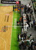 Players of both teams gathered around their coaches during Turkish Airlines Euroleague basketball match of sixth round between Union Olimpija, Ljubljana, Slovenia and BC Khimki Moscow, Russia. Match between Union Olimpija and BC Khimki Moscow was played in in Stozice Arena in Ljubljana, Slovenia, on Friday, 7th of December 2012.
