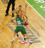 Egor Vyaltsev (no.9) of BC Khimki Moscow (L) and Sasu Salin (no.10) of Union Olimpija (R) during Turkish Airlines Euroleague basketball match of sixth round between Union Olimpija, Ljubljana, Slovenia and BC Khimki Moscow, Russia. Match between Union Olimpija and BC Khimki Moscow was played in in Stozice Arena in Ljubljana, Slovenia, on Friday, 7th of December 2012.

