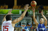 Sasu Salin (no.9) of Finland shooting over Hidayet Turkoglu (no.15) of Turkey (L) during FIBA European basketball championships 2013 match between Finland and Turkey. Match between Finland and Turkey was played on Wednesday, 4th of September 2013 in Bonifika arena in Koper, Slovenia.
