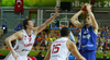 Hanno Mottola (no.13) of Finland (R) shooting over Hidayet Turkoglu (no.15) of Turkey (M) and Omer Asik (no.14) of Turkey (L) during FIBA European basketball championships 2013 match between Finland and Turkey. Match between Finland and Turkey was played on Wednesday, 4th of September 2013 in Bonifika arena in Koper, Slovenia.
